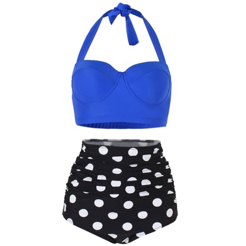 Blue Halter Bikini Top with Black & White Polka Dot High-Waist Bottoms - Picture 6 of 8